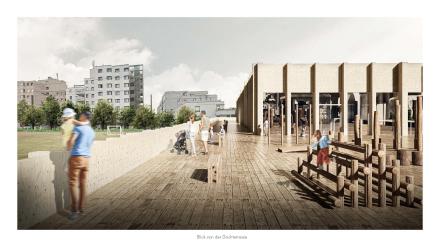 hölzerne Terasse an Sporthalle