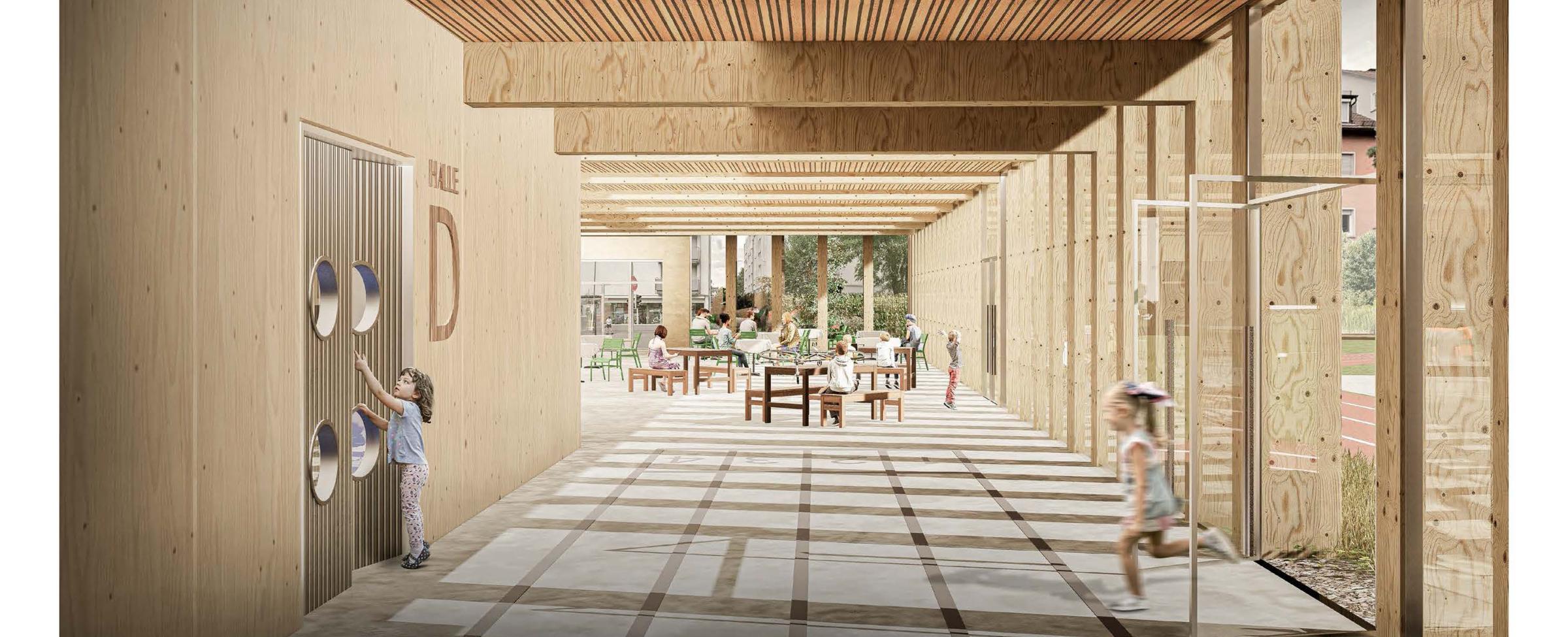 Ansicht hölzerner Vorraum Sporthalle