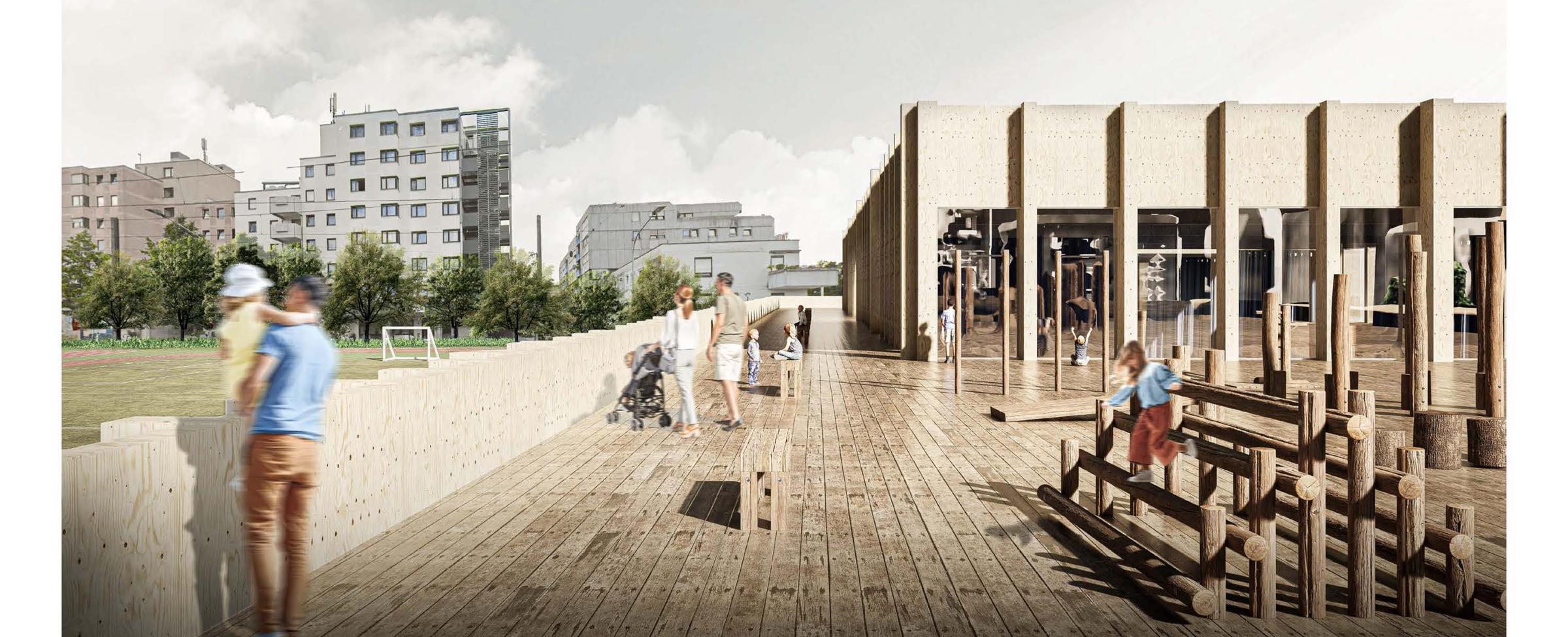 hölzerne Terasse an Sporthalle