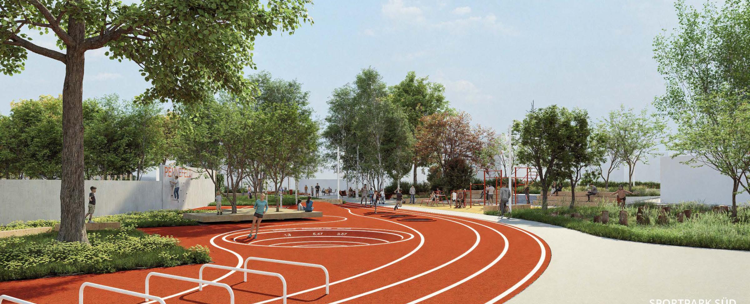 Laufbahn mit Begrünung drumherum