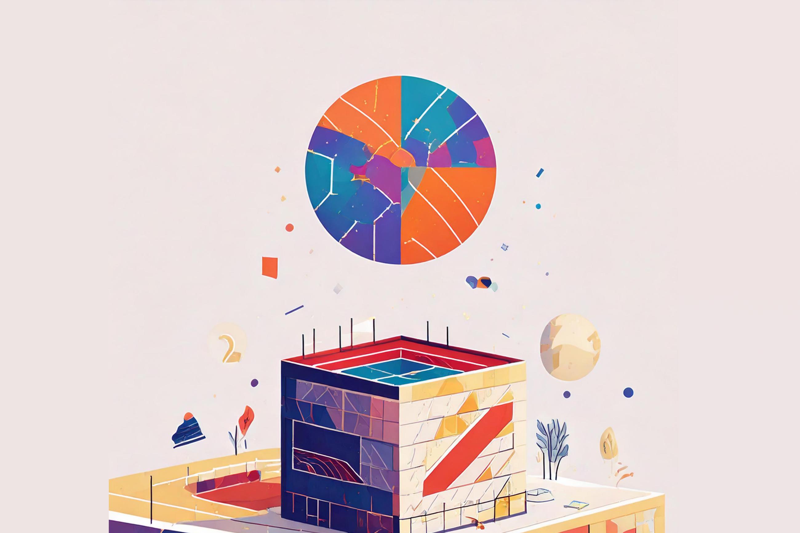 abstraktes Haus mit schwebender Kugel oben drüber