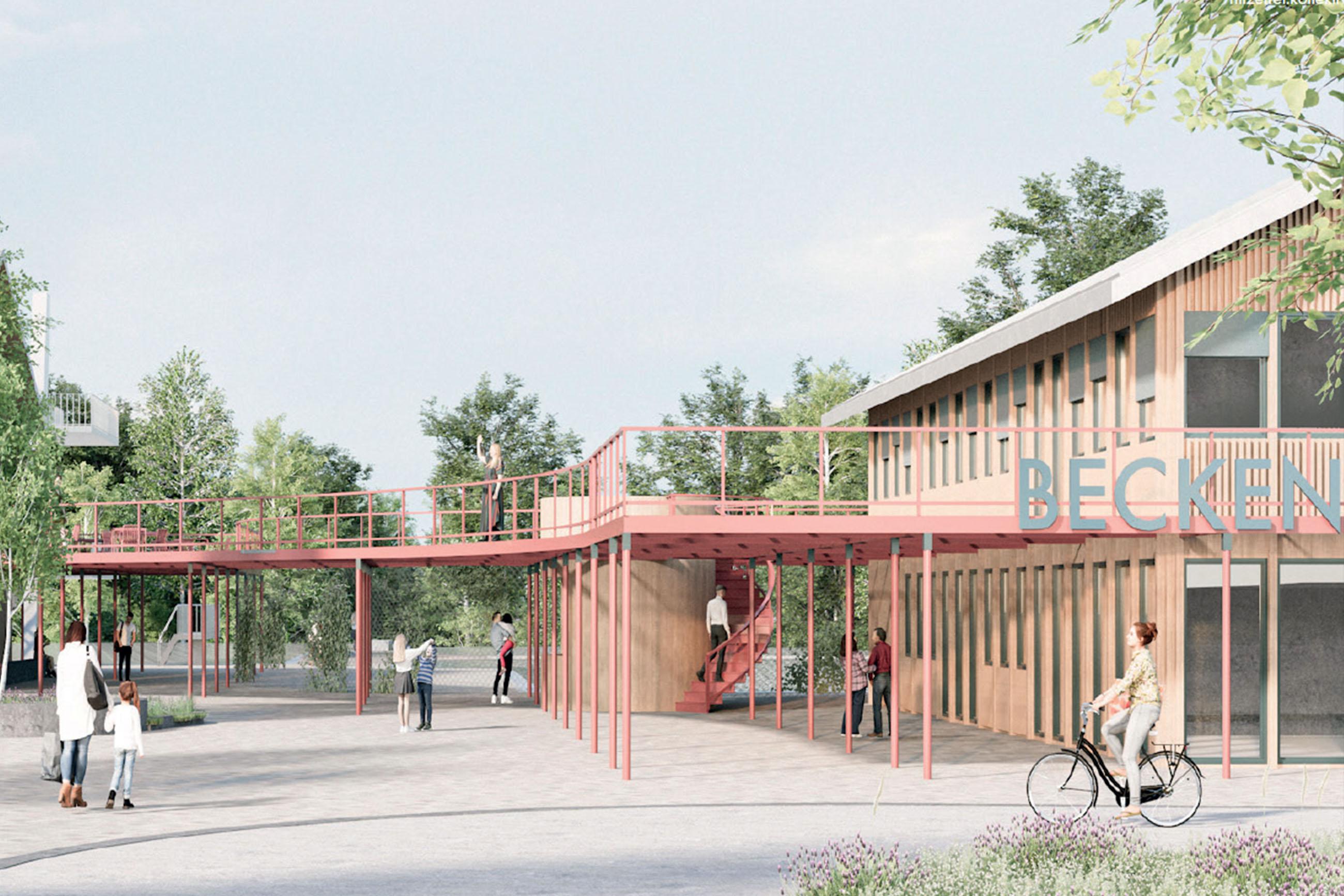 Rendering von Haus mit Galerie außen in Pastell Tönen