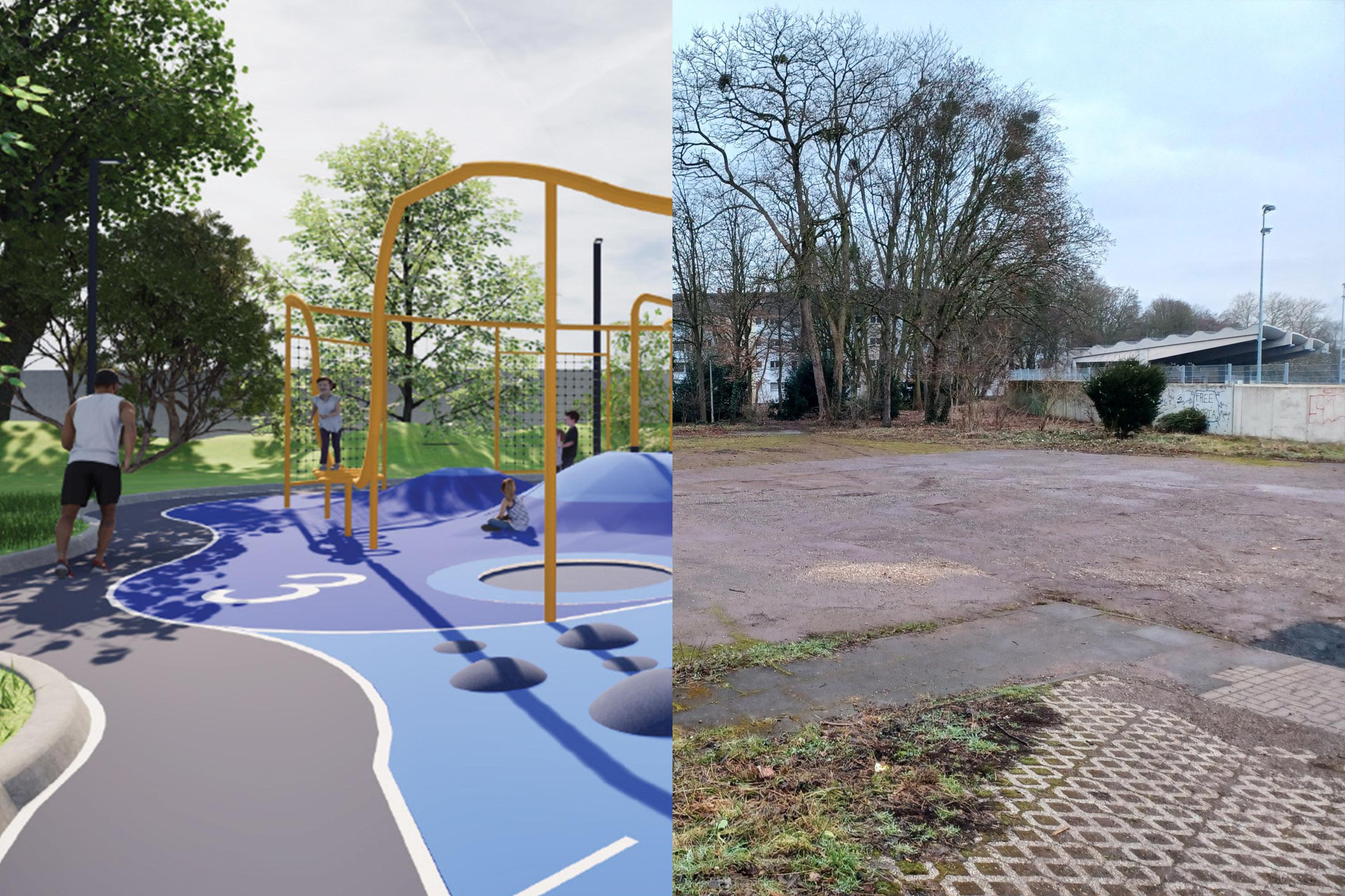 rechts tristes Sportplatz, linke Bildhäfte Enwurf einer Sportanlage, blauer EPDM, gelbe Metallstange entlang einer Laufbahn