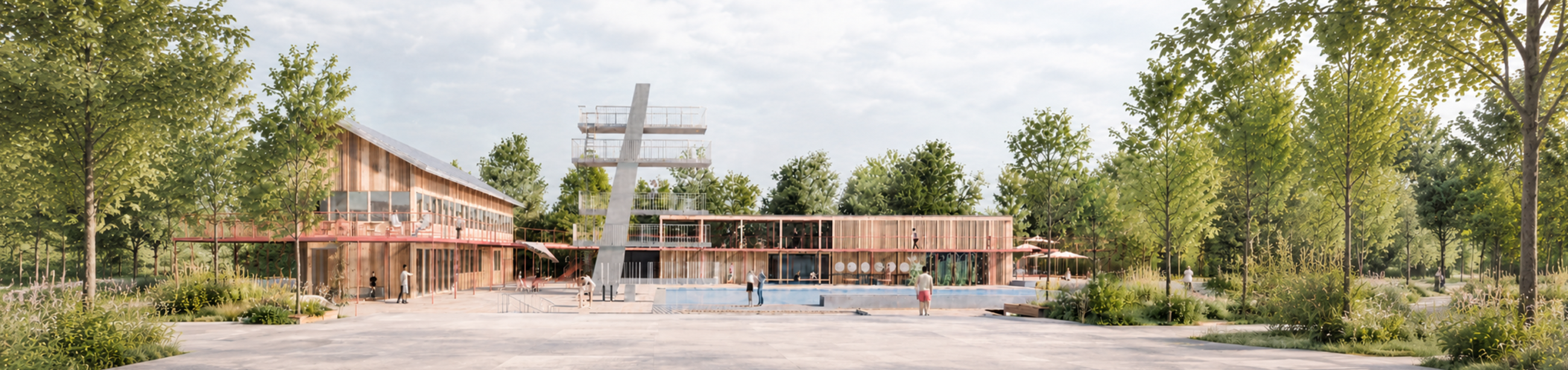 Visualisierung eines Freibads mit Sprungturm und viel Grün drumherum