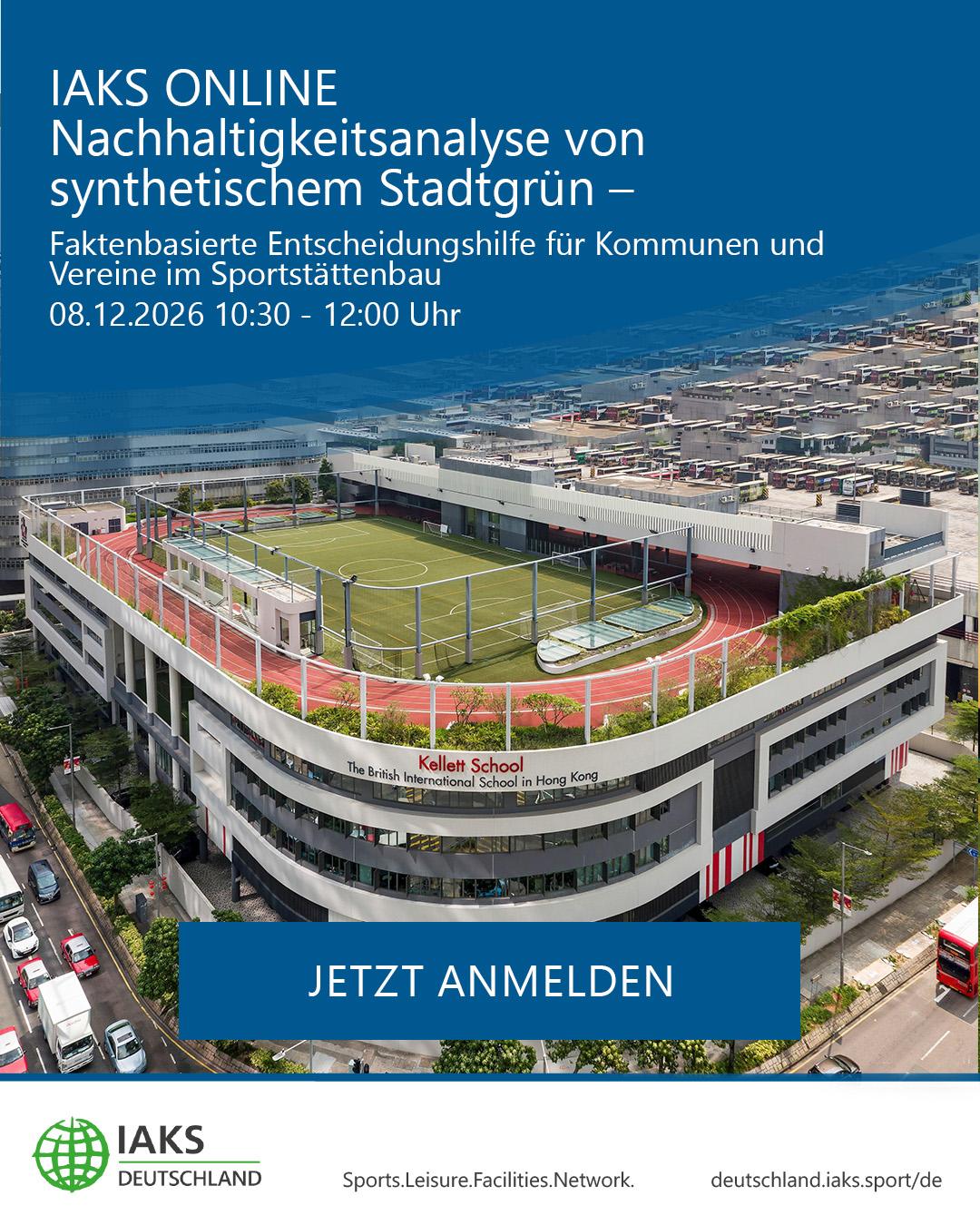 Teaser IAKS Online Seminar Kunstrasen inkl Bild von begrüntem Schuldach mit Fußballplatz