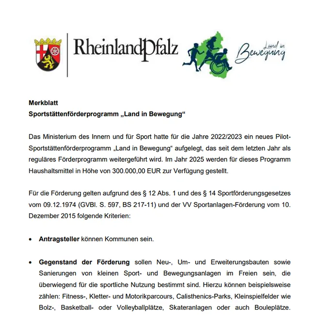 Screenshot der offiziellen Informationen Land in Bewegung RLP
