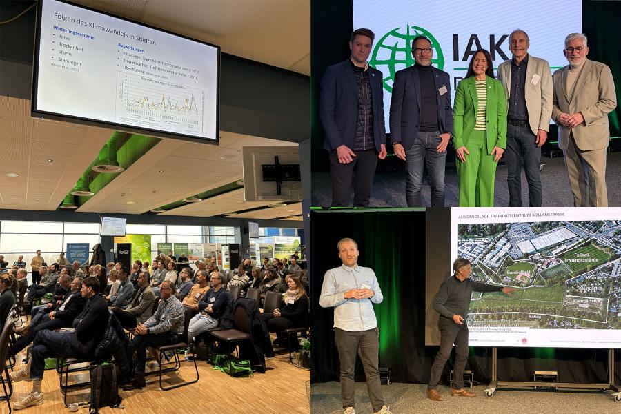 collage Veranstaltung, Publikum, Redner, Gruppenbild IAKS auf der Bühne