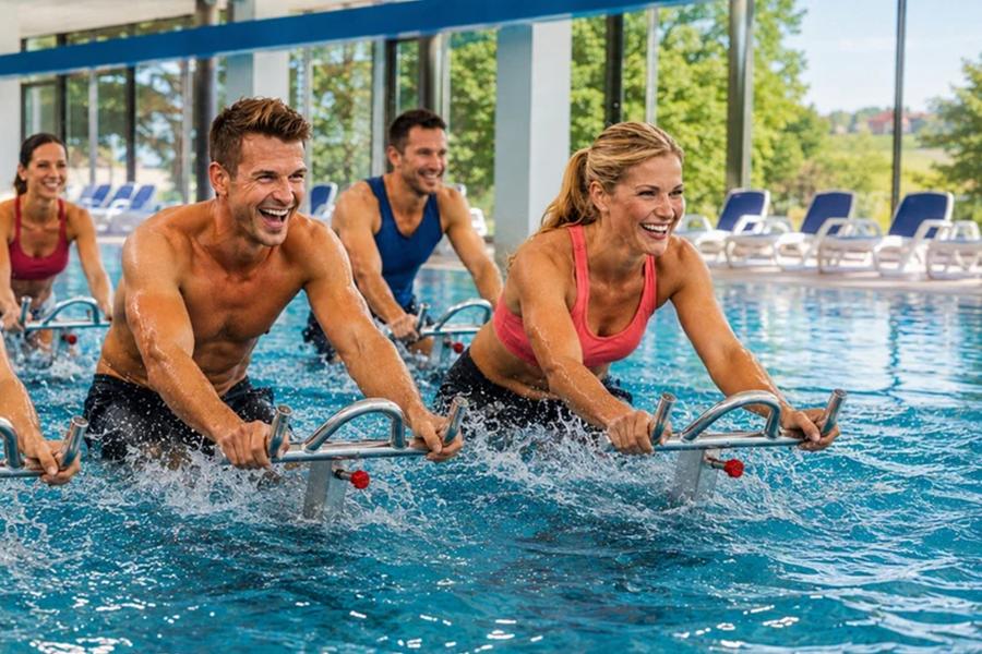 Mehrere Menschen fahren ein Aquabike im Pool, sie lachen dabei